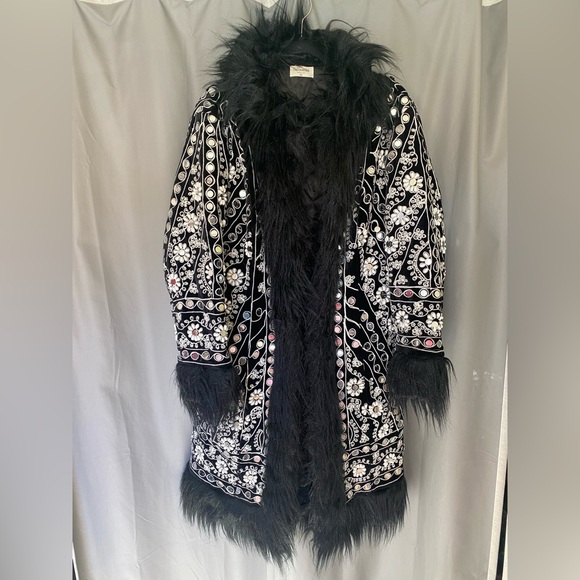 Talisman Embellished Coachella Boho Coat w/ Faux Fur Trim, Size Extra Large - Picture 3 of 10